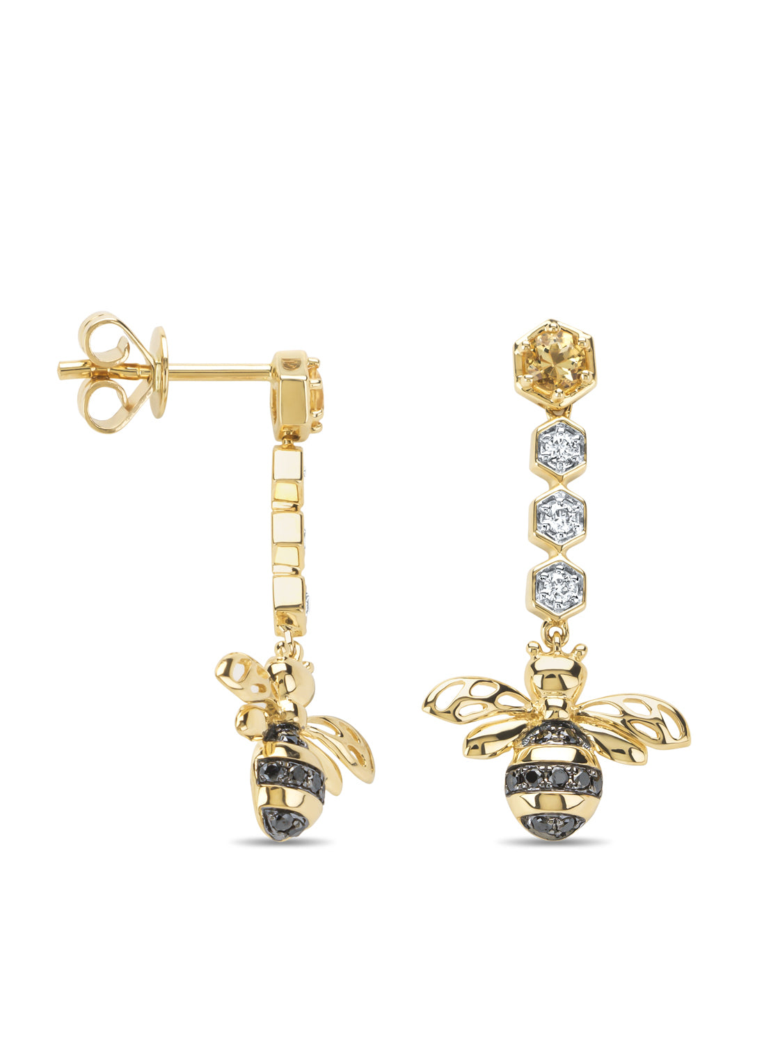 Geelgouden oorsieraden, 0.20 ct citrien, Queen Bee