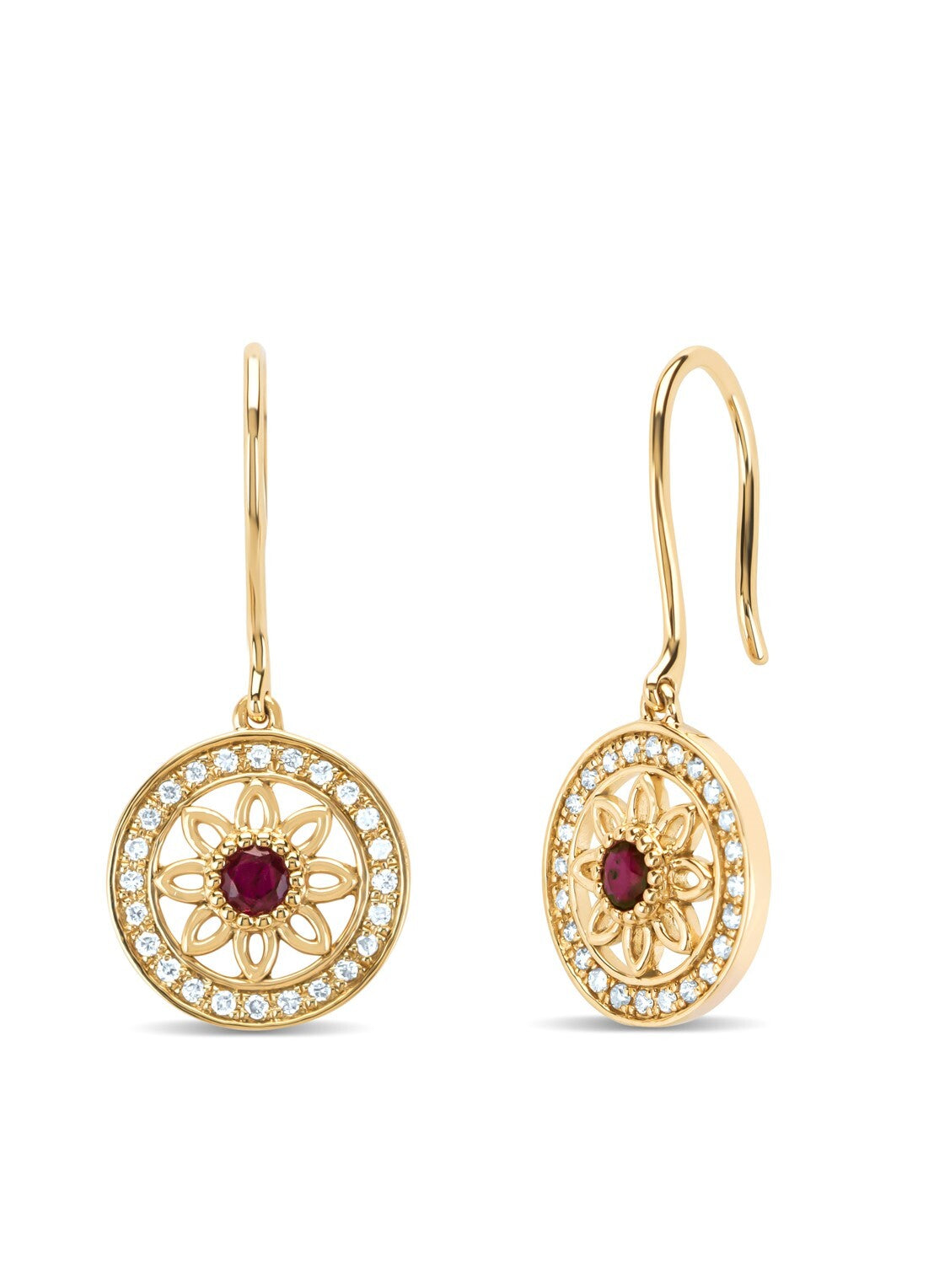 Birthstones geelgouden oorhangers robijn (Juli)