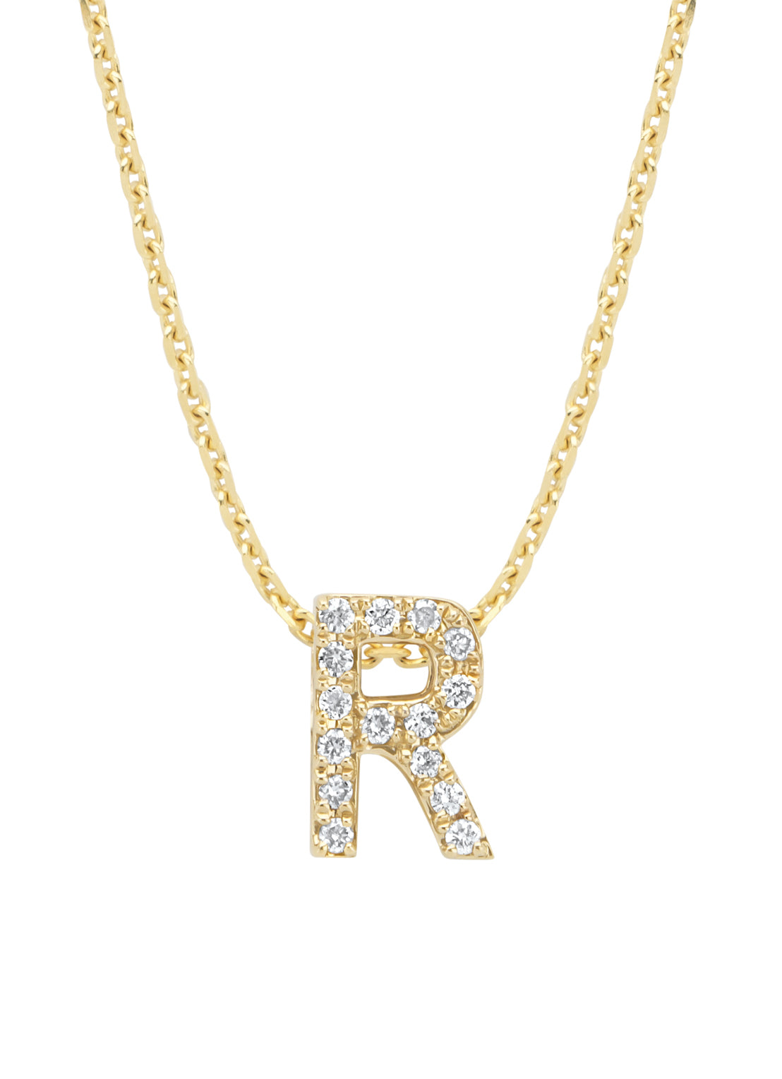 Geelgouden hanger R, 0.06 ct diamant, Alphabet