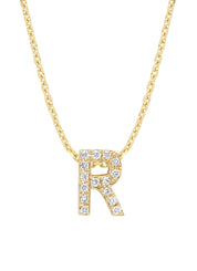 Geelgouden hanger R, 0.06 ct diamant, Alphabet