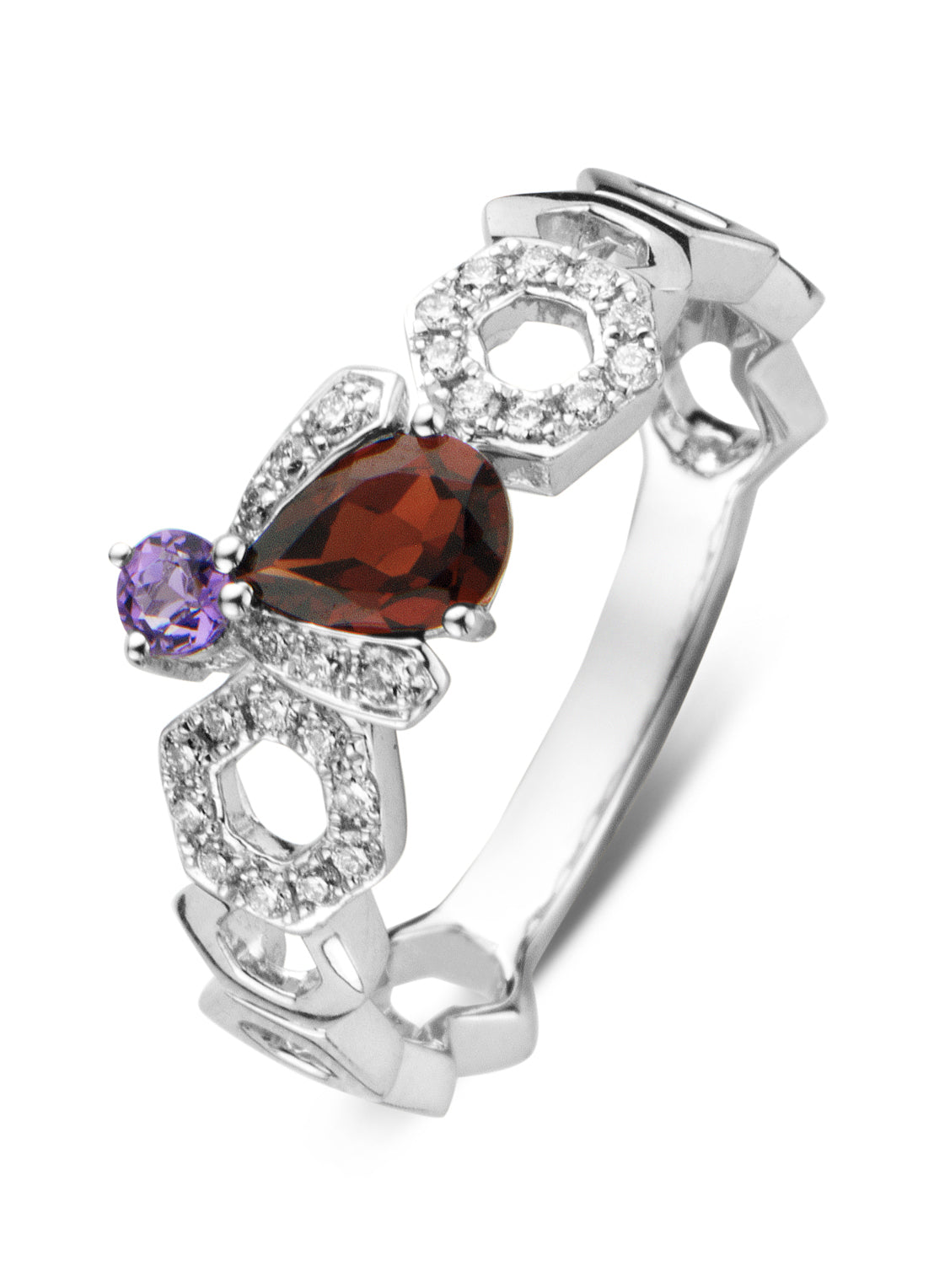 Witgouden ring, 0.45 ct granaat, Queen Bee