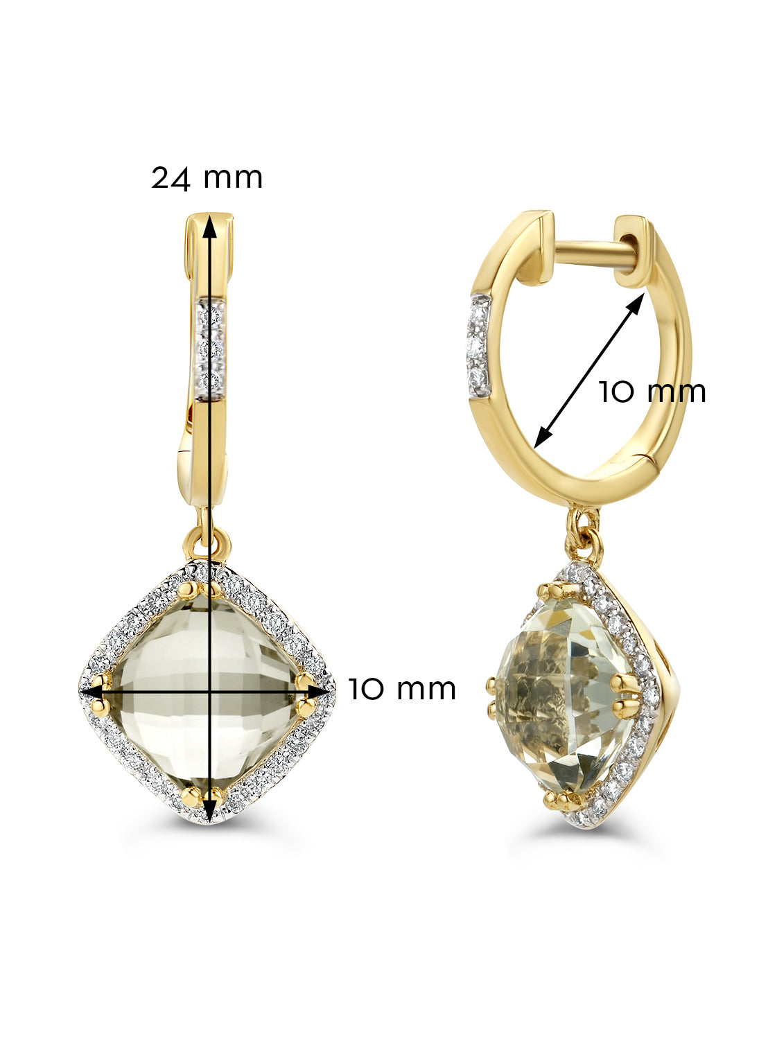 Yellow gold ear jewelry, 3.26 ct green amethist, Fiësta