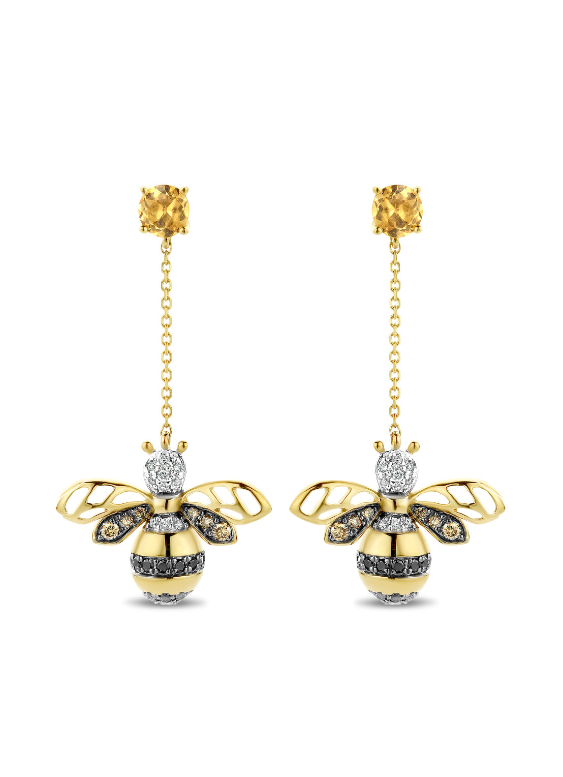 Geelgouden oorsieraden, 0.39 ct citrien, Queen Bee