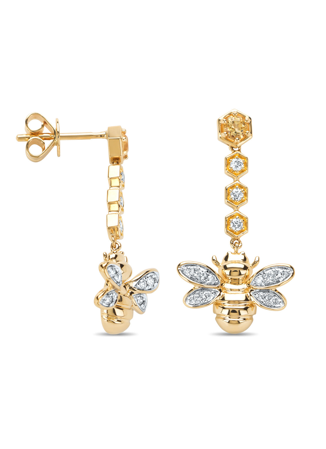 Yellow gold ear jewelry, 0.20 ct citrien, queen bee