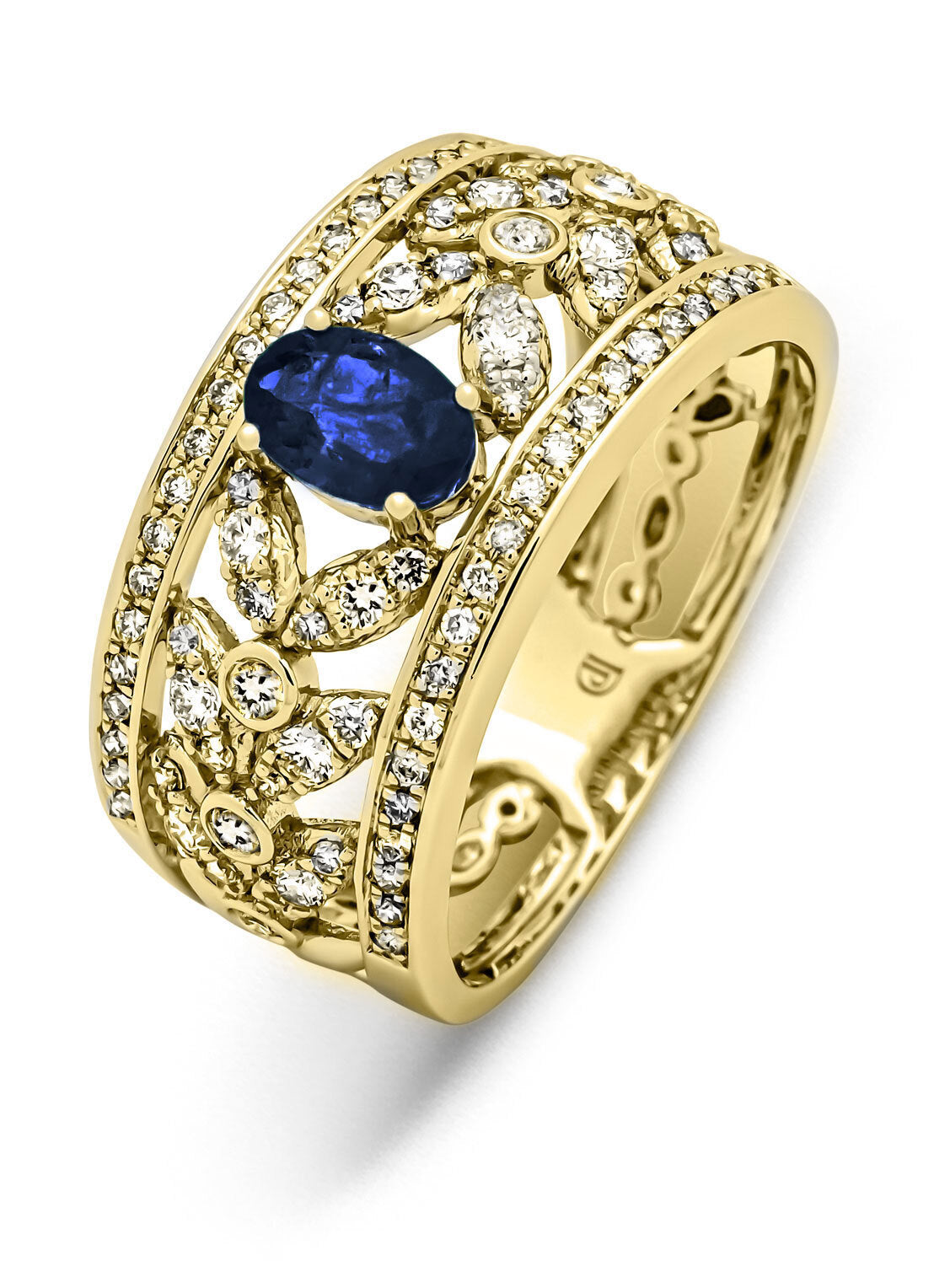 Yellow gold ring, 0.59 ct blue sapphire, majestic