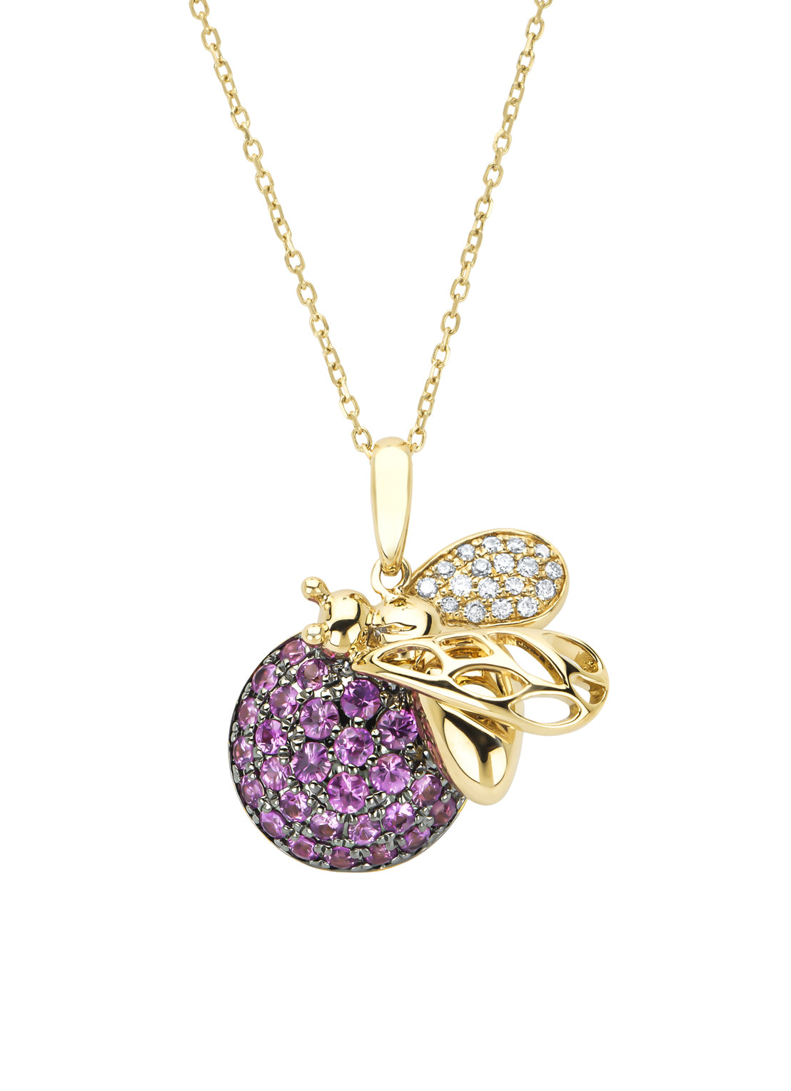 Yellow gold pendant with necklace, 0.58 ct pink sapphire, Queen Bee