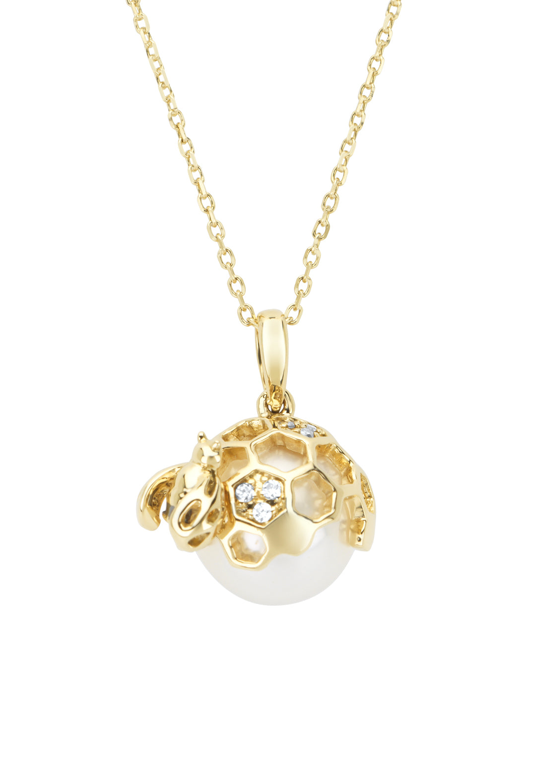 Yellow gold necklace, 4.50 CT freshwater pearl, Queen Bee