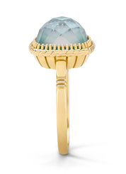 Yellow gold ring, rock crystal with amazonite, velvet