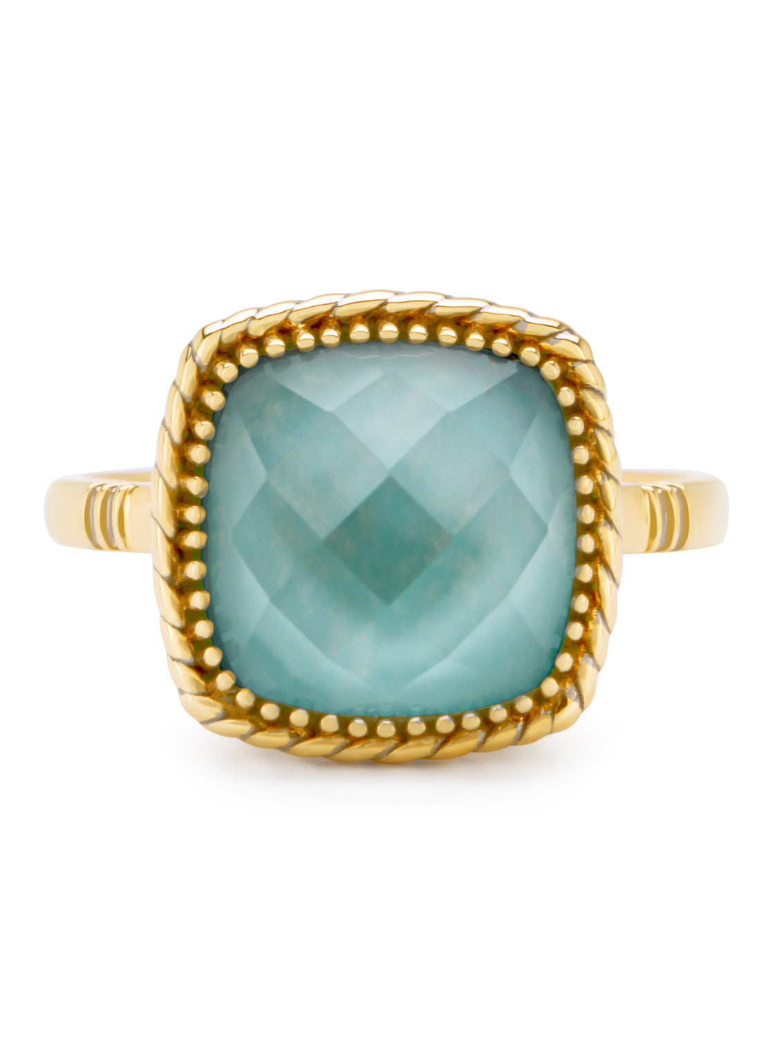 Yellow gold ring, rock crystal with amazonite, velvet