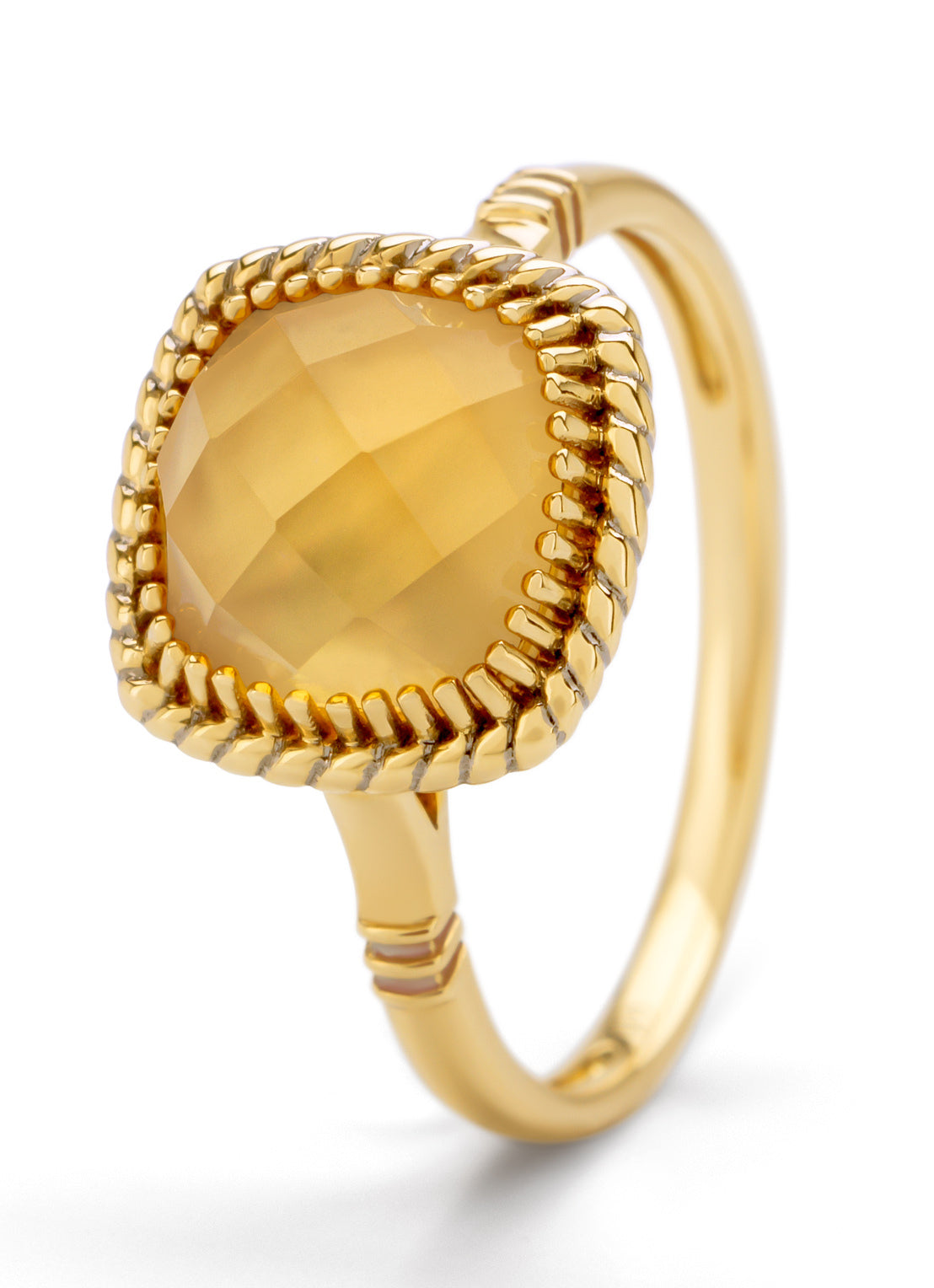 Yellow gold ring, orange citrine with mother -of -pearl, velvet