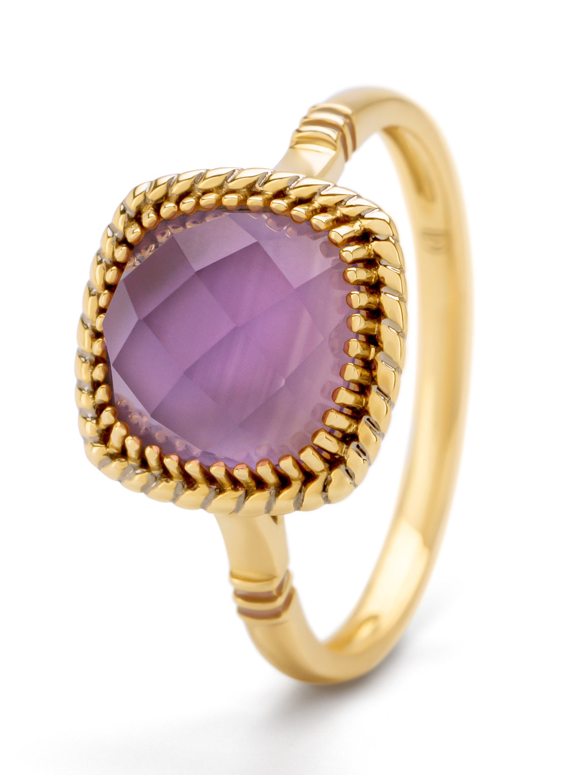 Yellow gold ring, amethyst with mother -of -pearl, velvet