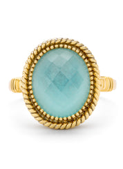 Yellow gold ring, Sky Blue Topaz with mother -of -pearl and Amazonite, Velvet