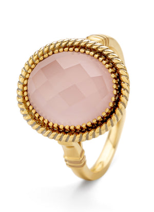 Yellow gold ring, pink quartz with mother -of -pearl, velvet
