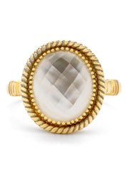 Yellow gold ring, rock crystal with mother -of -pearl, velvet