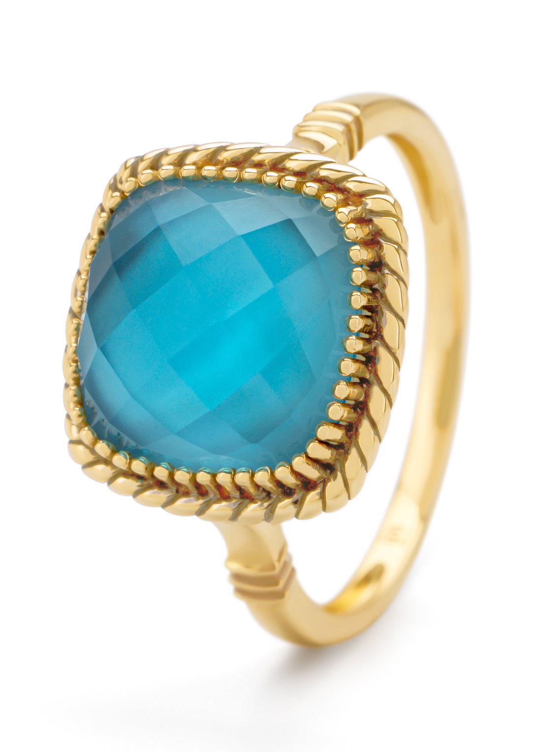 Yellow gold ring, Swiss Blue Topaz with mother -of -pearl, Velvet