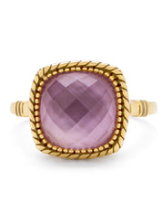 Yellow gold ring, amethyst with mother -of -pearl, velvet