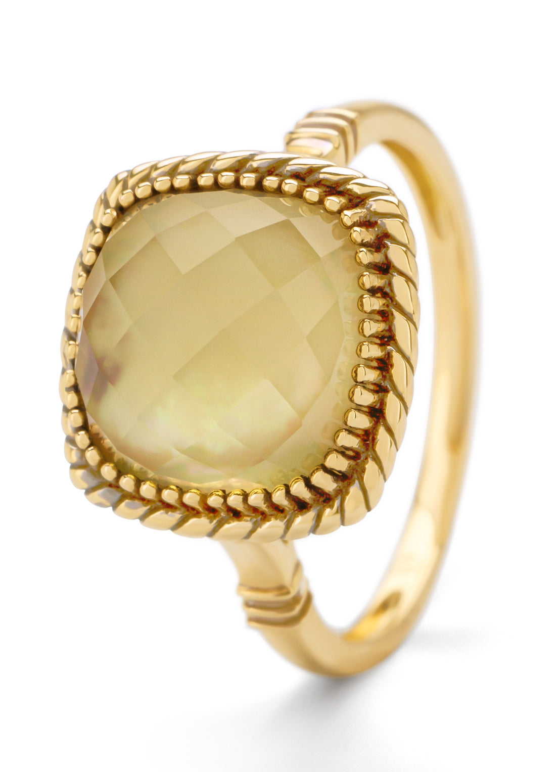 Yellow gold ring, lemon quartz with mother -of -pearl, velvet