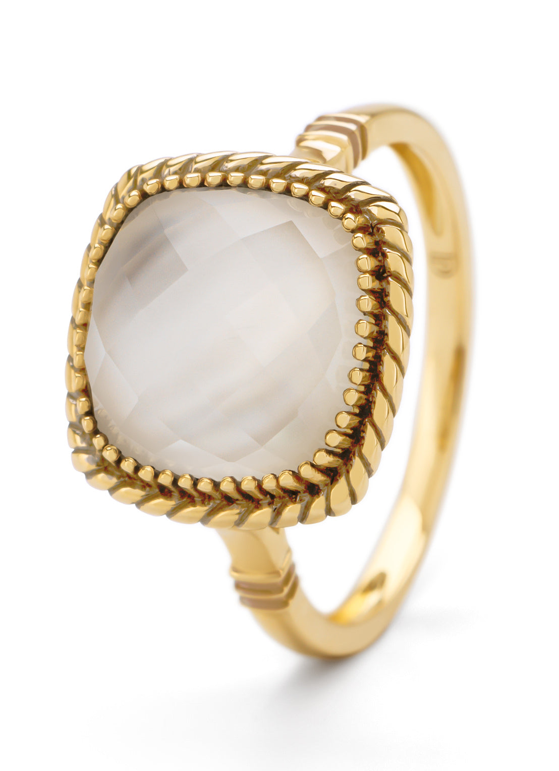 Yellow gold ring, rock crystal with mother -of -pearl, velvet