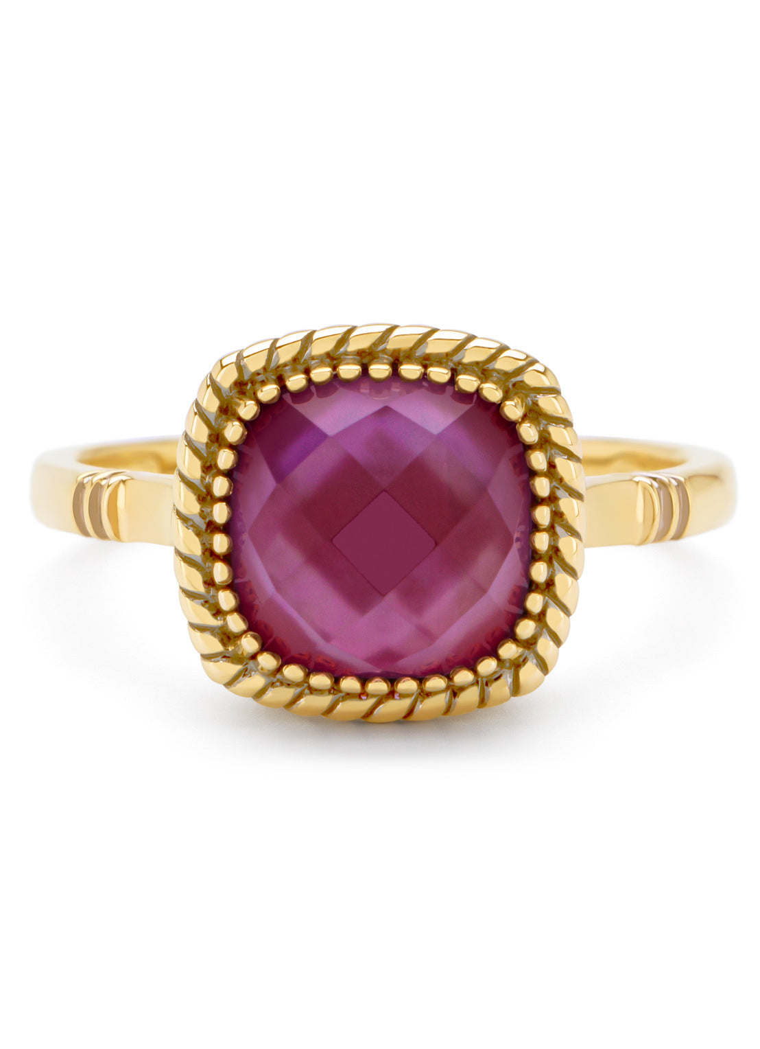 Yellow gold ring, amethyst with mother -of -pearl and red agate, velvet