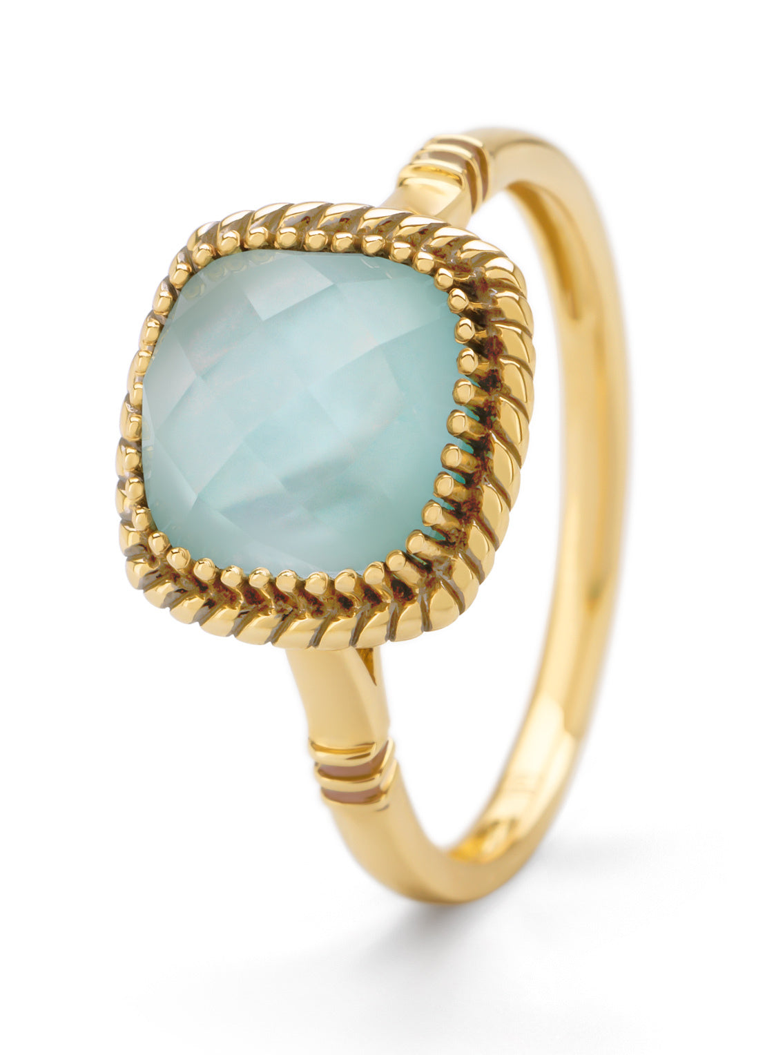 Yellow gold ring, rock crystal with mother -of -pearl and amazonite, velvet