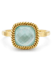Yellow gold ring, rock crystal with mother -of -pearl and amazonite, velvet