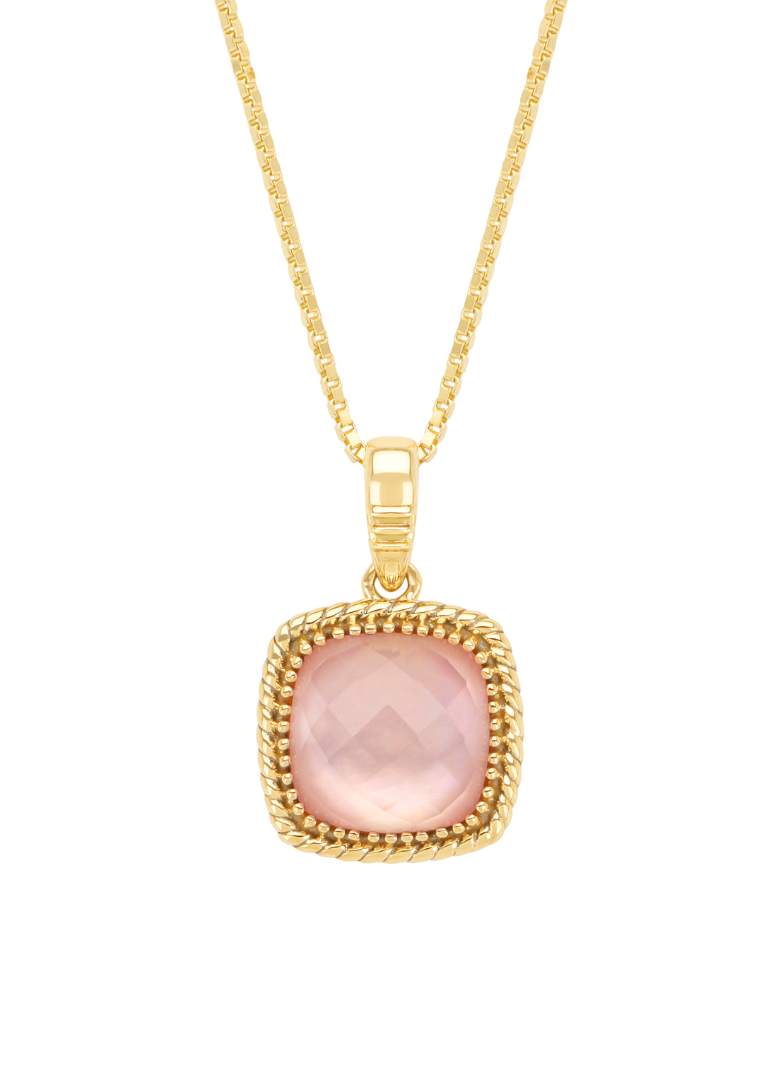 Yellow gold pendant, 3.68 ct pink quartz with pearl, velvet