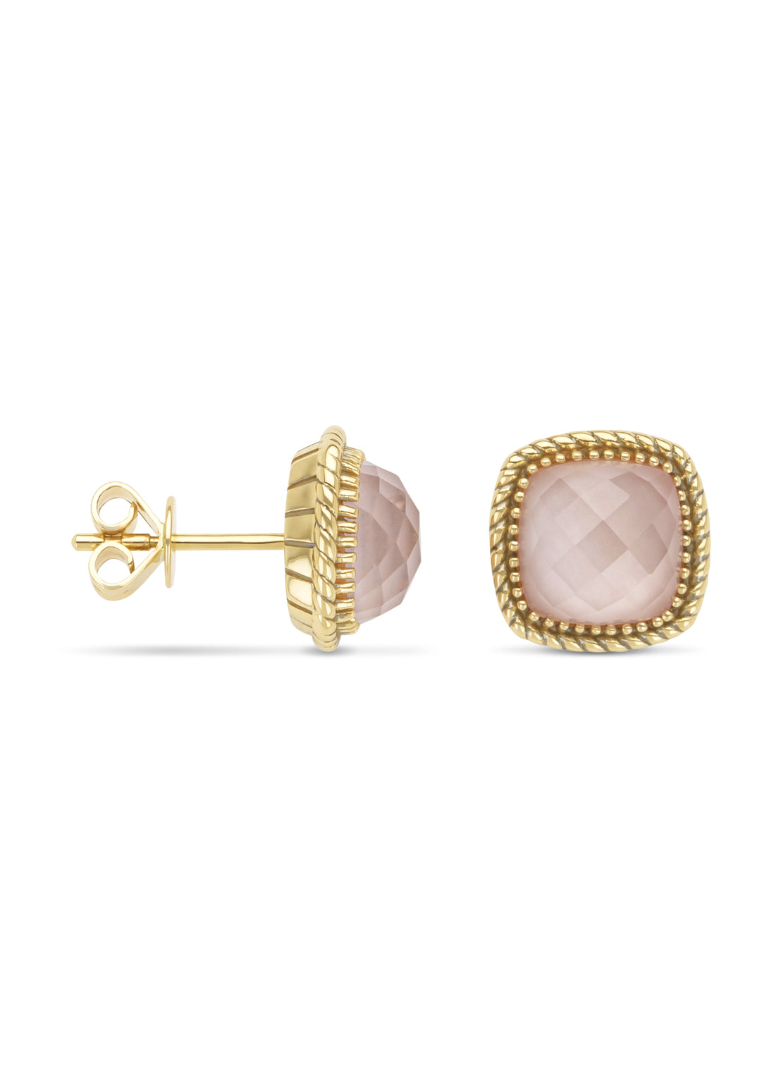 Yellow gold ear jewelry, 5.16 ct pink quartz with pare, velvet