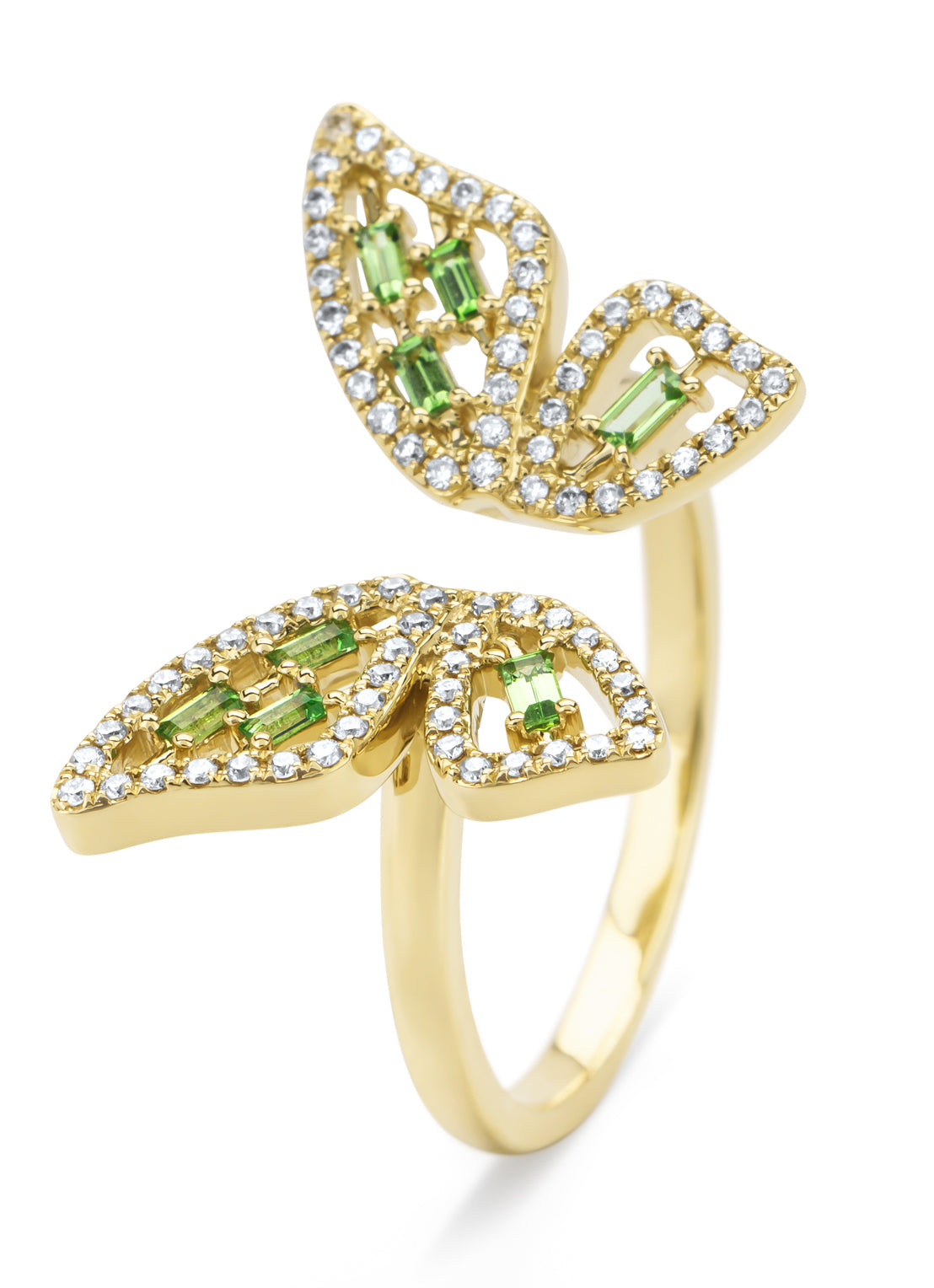 Yellow gold butterfly ring, 0.18 ct tsavorite, Butterfly Kisses
