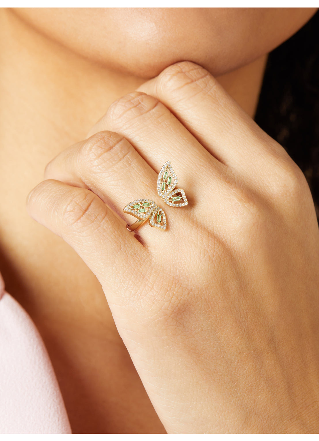 Yellow gold butterfly ring, 0.18 ct tsavorite, Butterfly Kisses