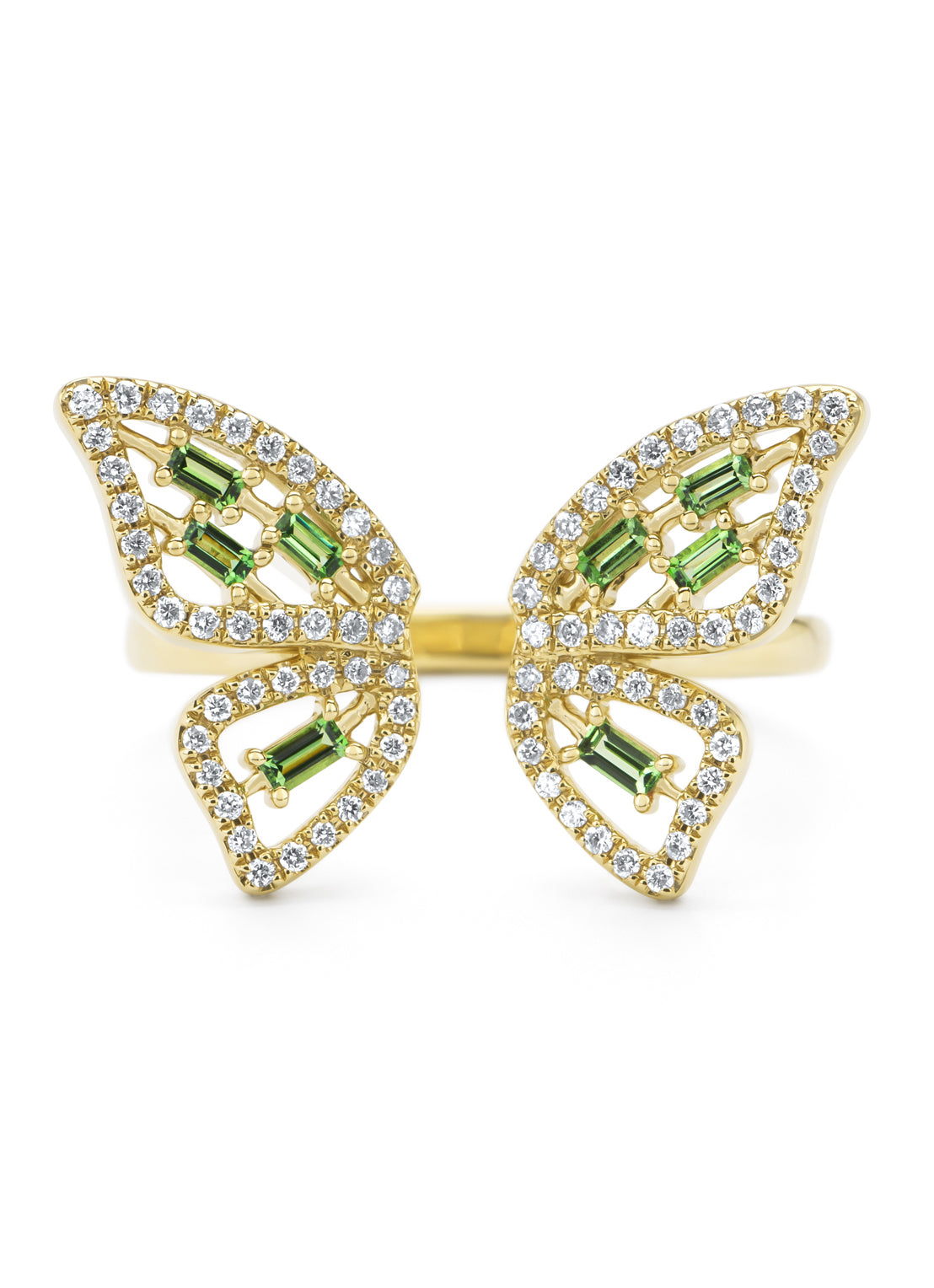 Yellow gold ring, 0.18 CT Tsavoriet, Butterfly Kisses