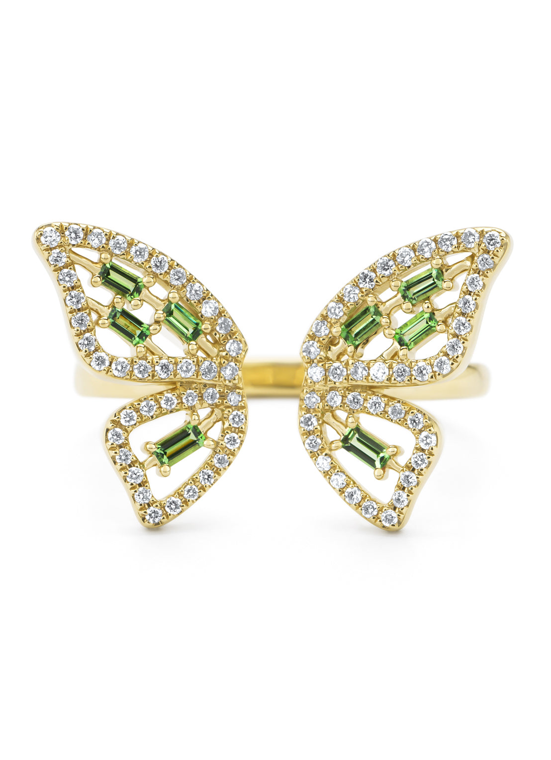 Yellow gold butterfly ring, ct tsavorite, butterfly kisses