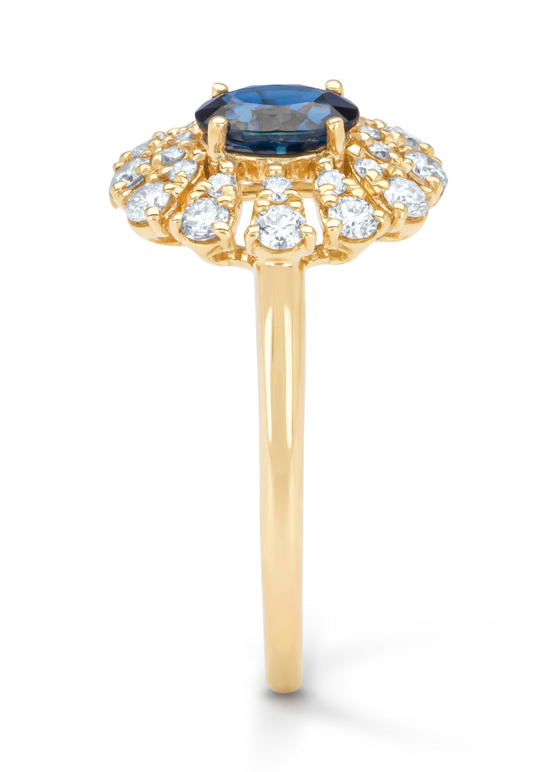 Yellow gold ring, 0.64 ct blue sapphire, majestic