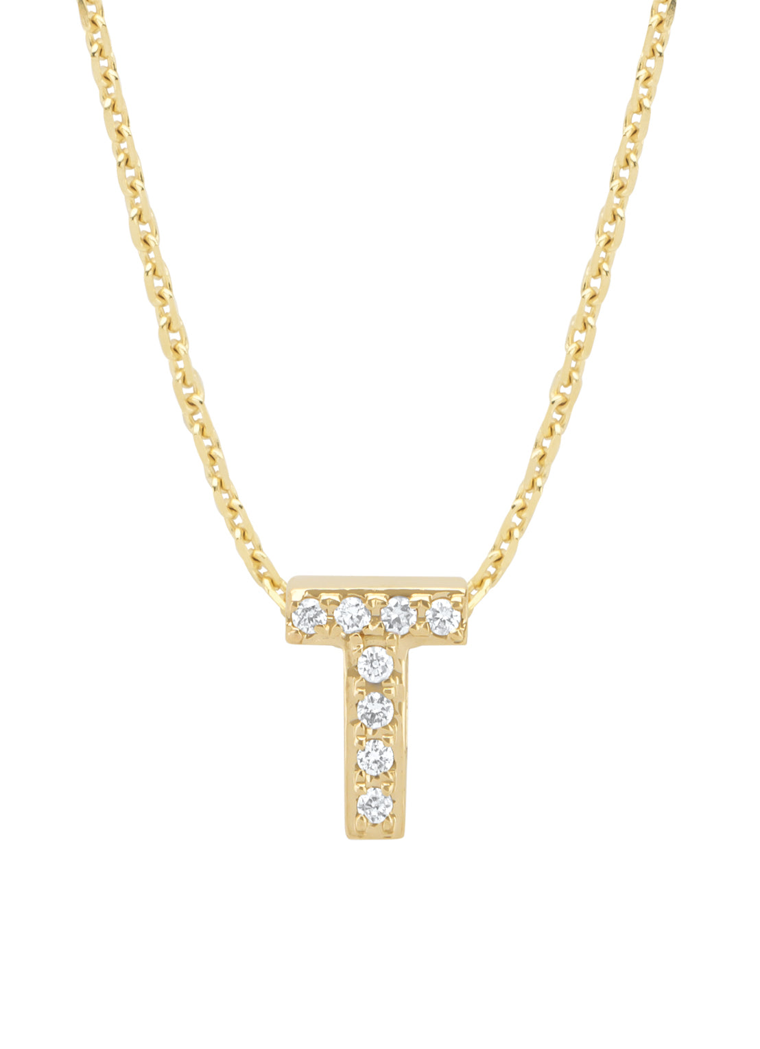 Yellow gold pendant T, 0.04 ct diamond, Alphabet