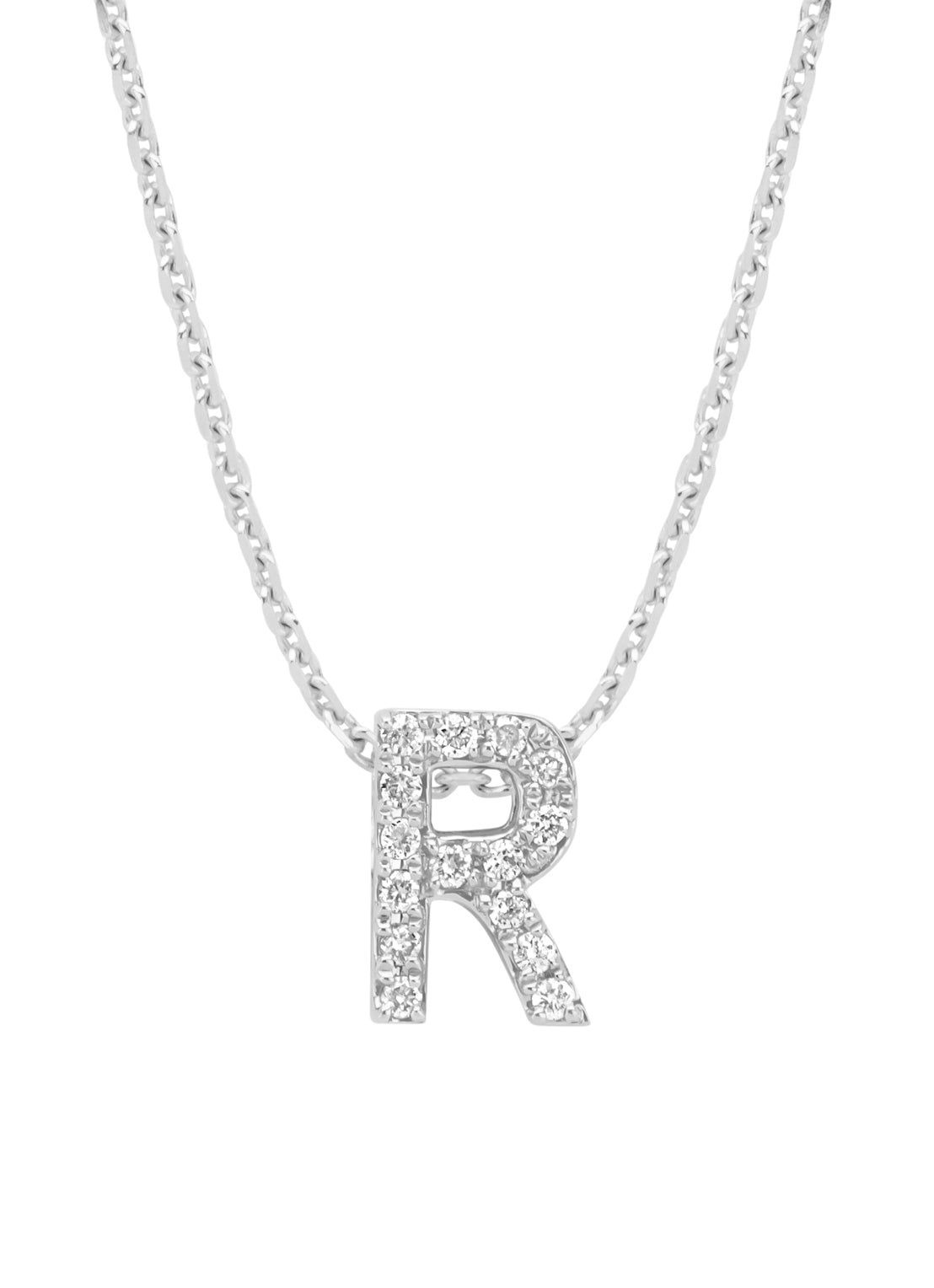 White gold pendant R, 0.06 ct diamond, Alphabet