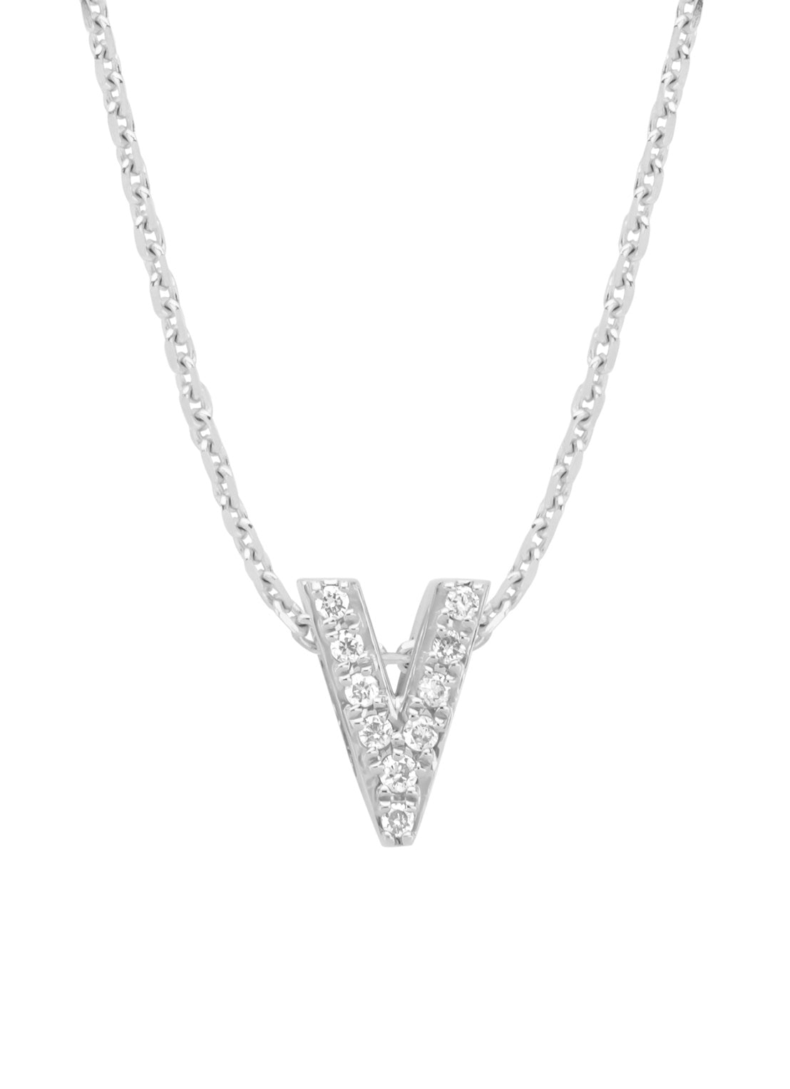 White gold pendant V, 0.04 ct diamond, Alphabet