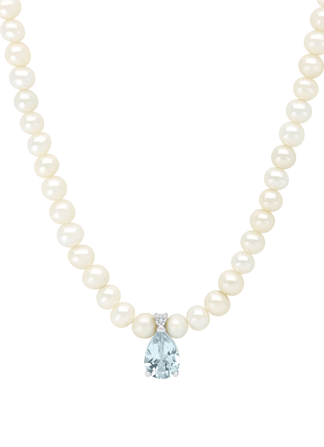 White gold pearl chain, 0.50 ct aquamarijn, rivièra