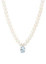 White gold pearl necklace, 0.60 ct aquamarijn, rivièra