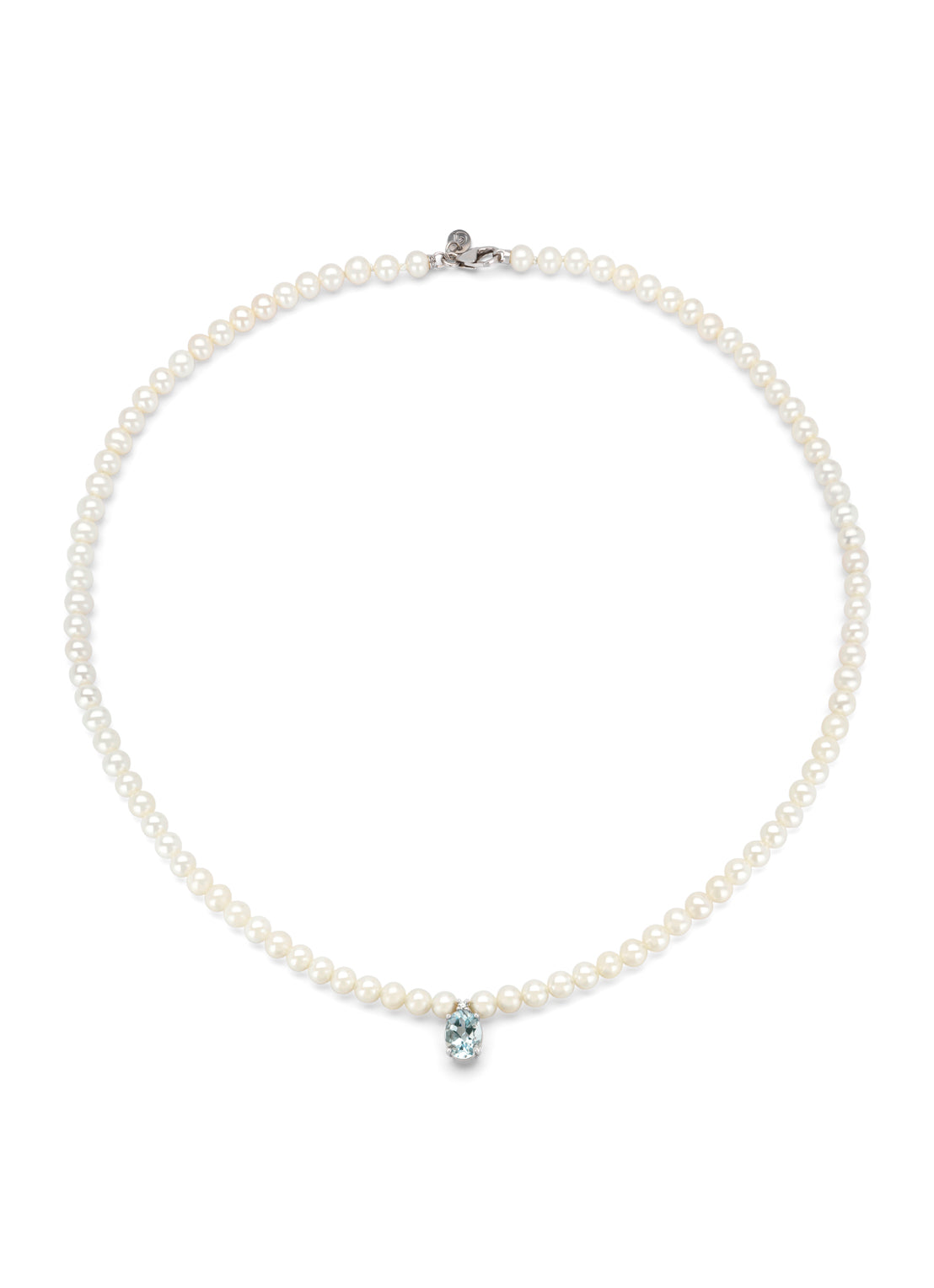 White gold pearl necklace, 0.60 ct aquamarijn, rivièra