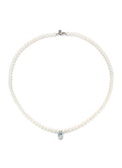 White gold pearl necklace, 0.60 ct aquamarijn, rivièra