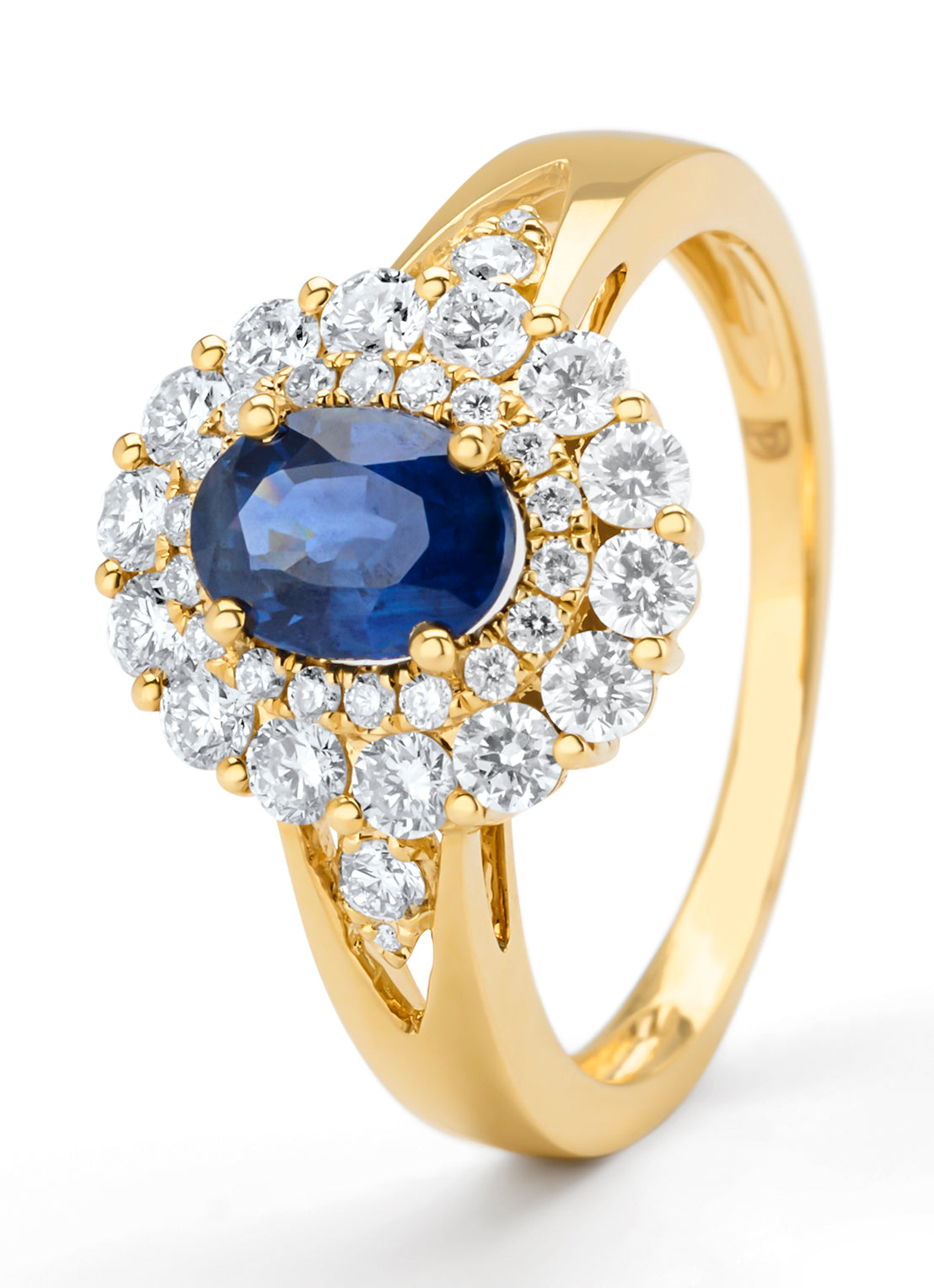 Geelgouden ring, 0.97 ct blauwe saffier, Majestic