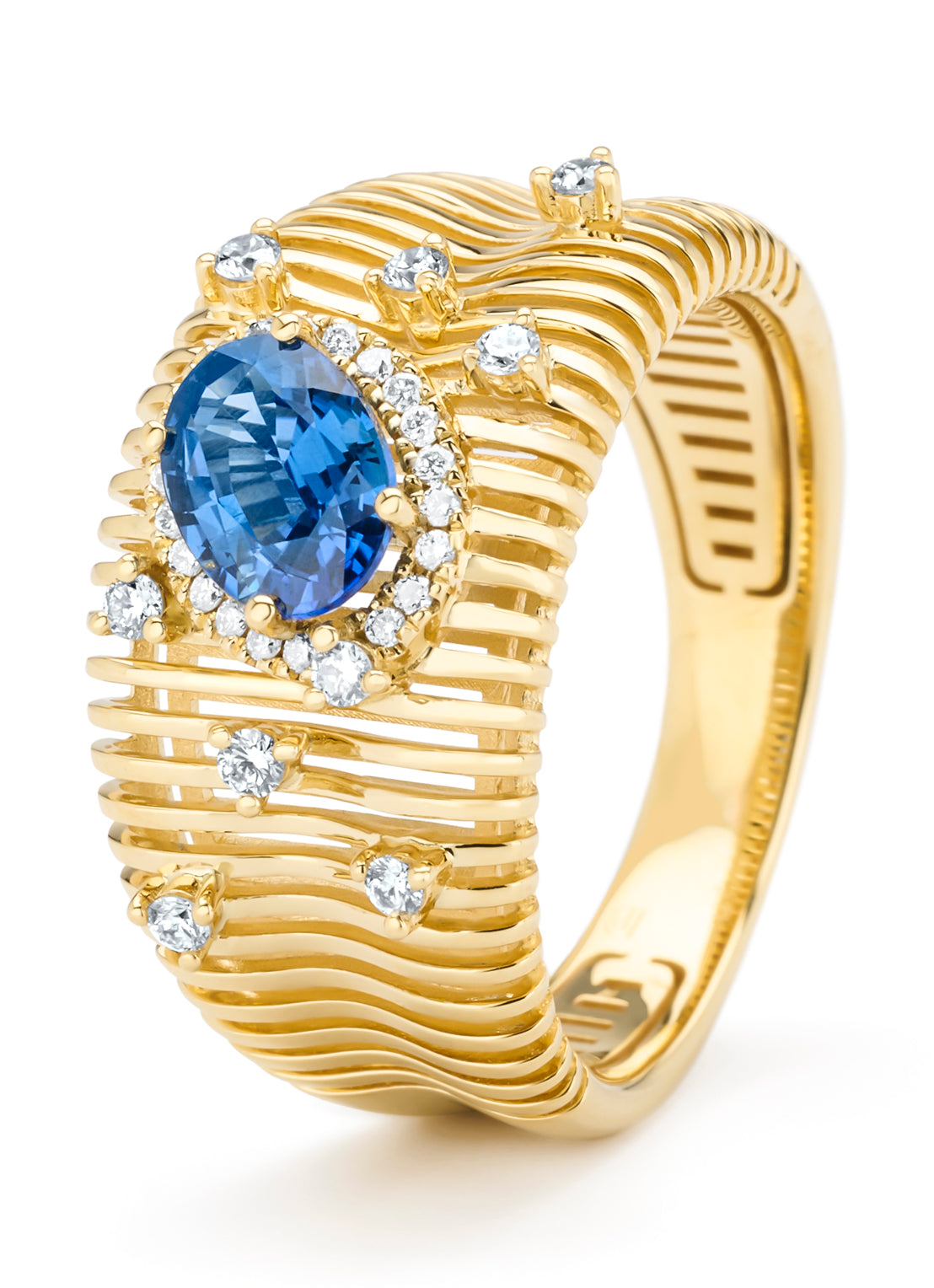 Yellow gold ring, 1.01 ct blue sapphire, gallery