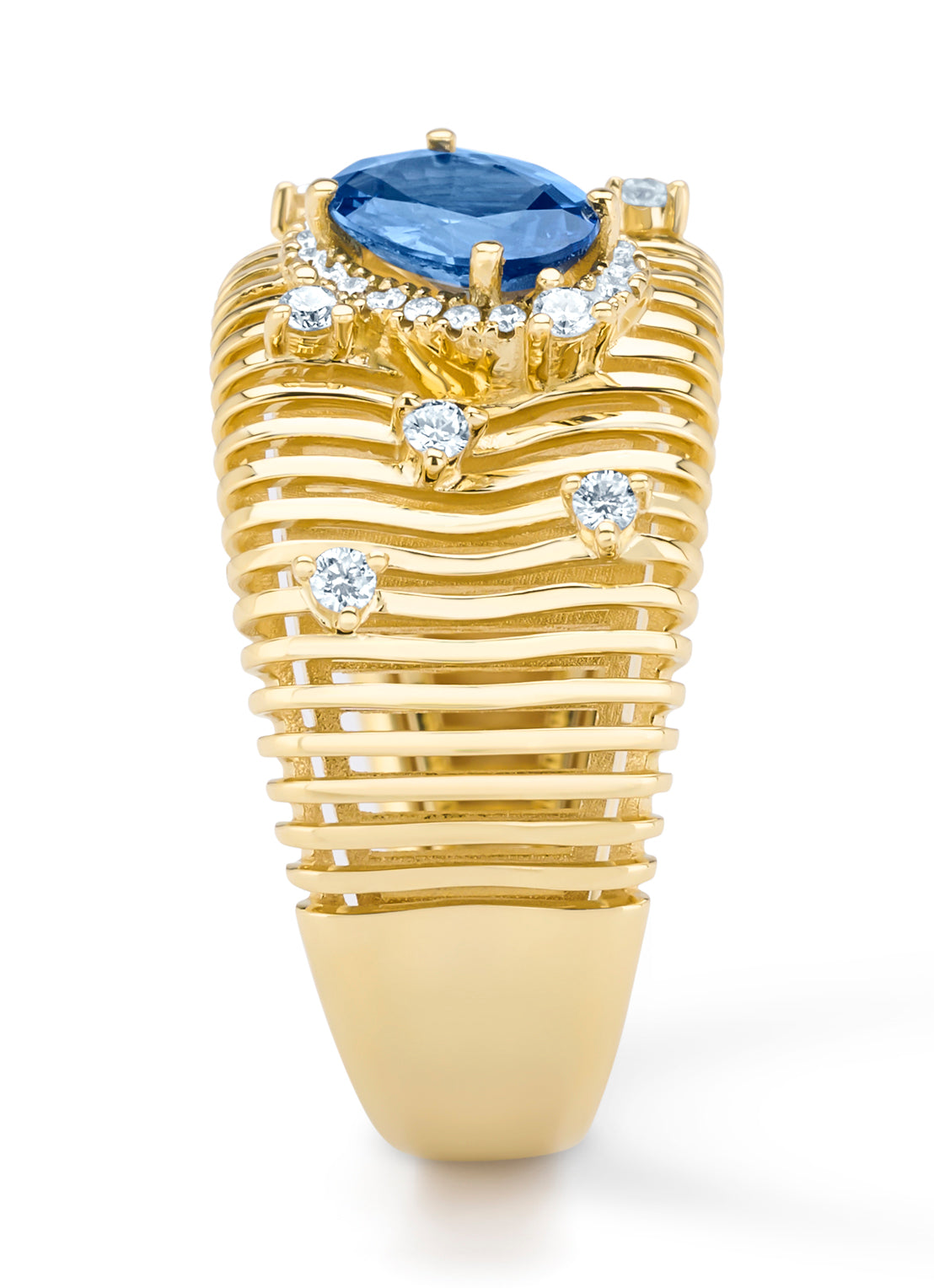 Yellow gold ring, 1.01 ct blue sapphire, gallery