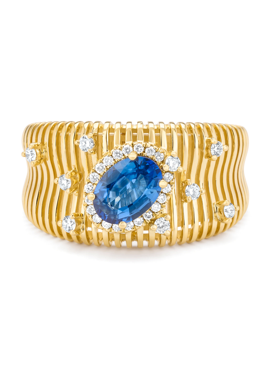 Yellow gold ring, 1.01 ct blue sapphire, gallery