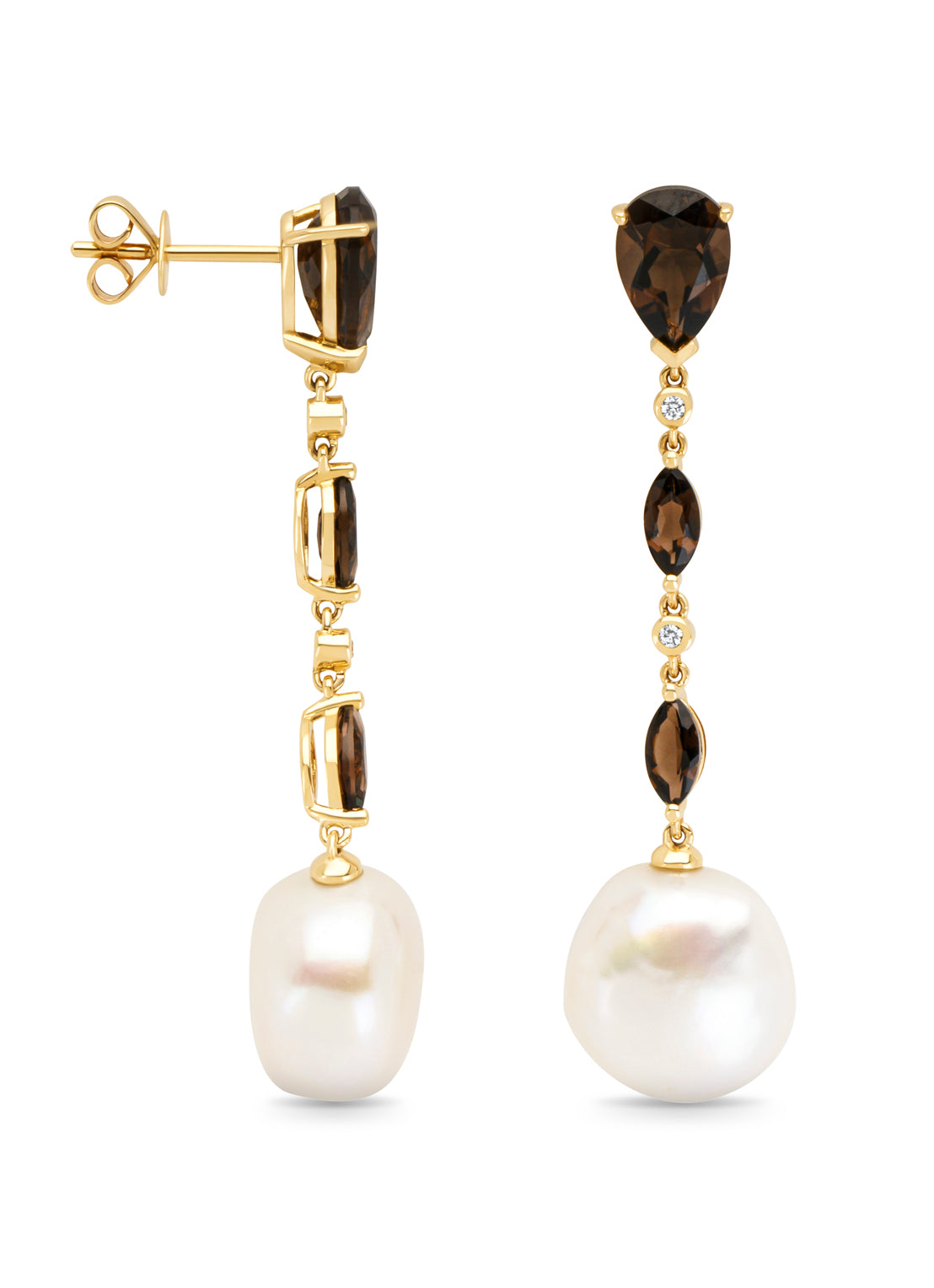 Yellow gold earrings, 3.38 ct smoky quartz, Riviera