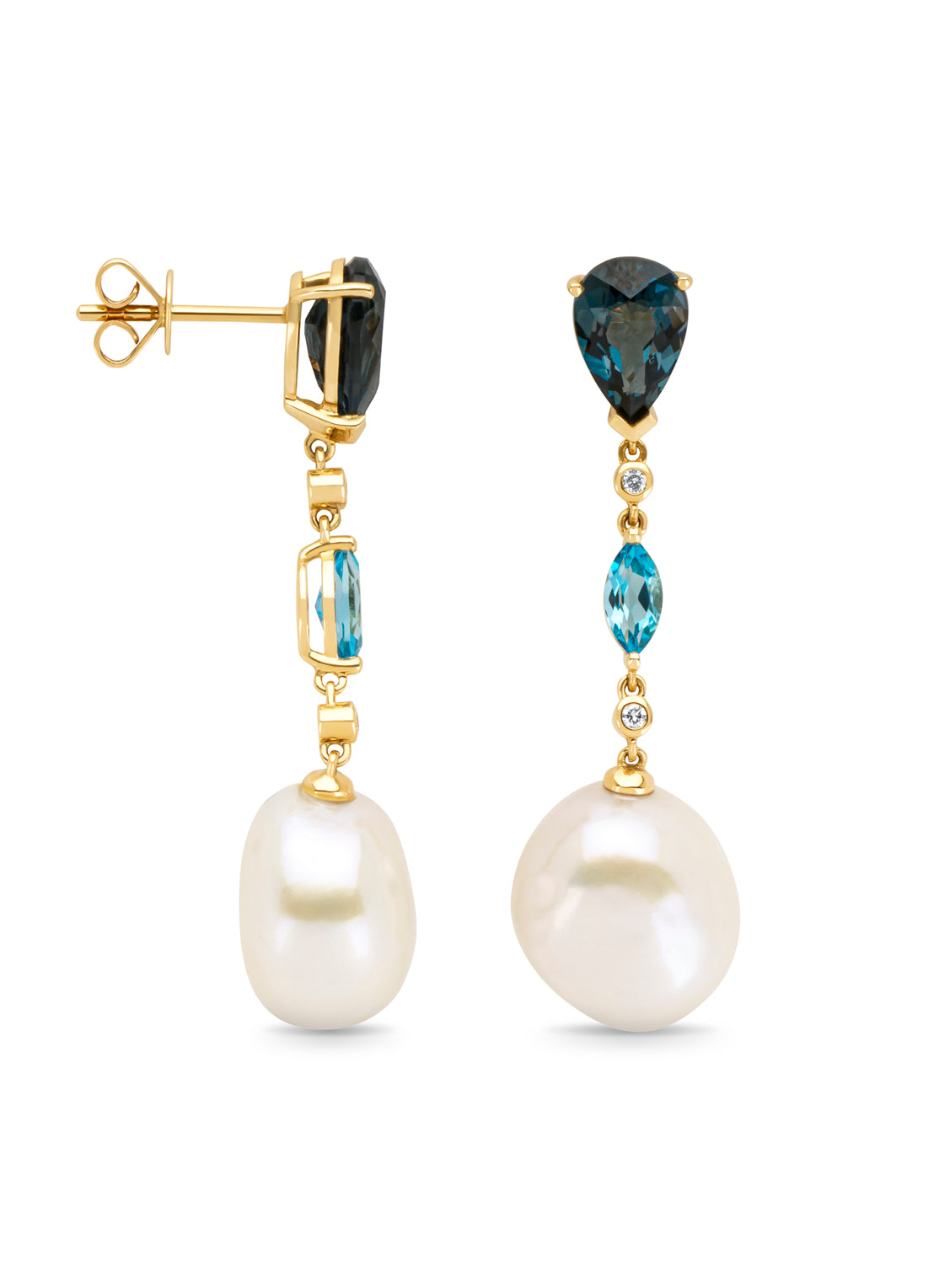 Yellow gold earrings, 3.16 ct London topaz, Riviera