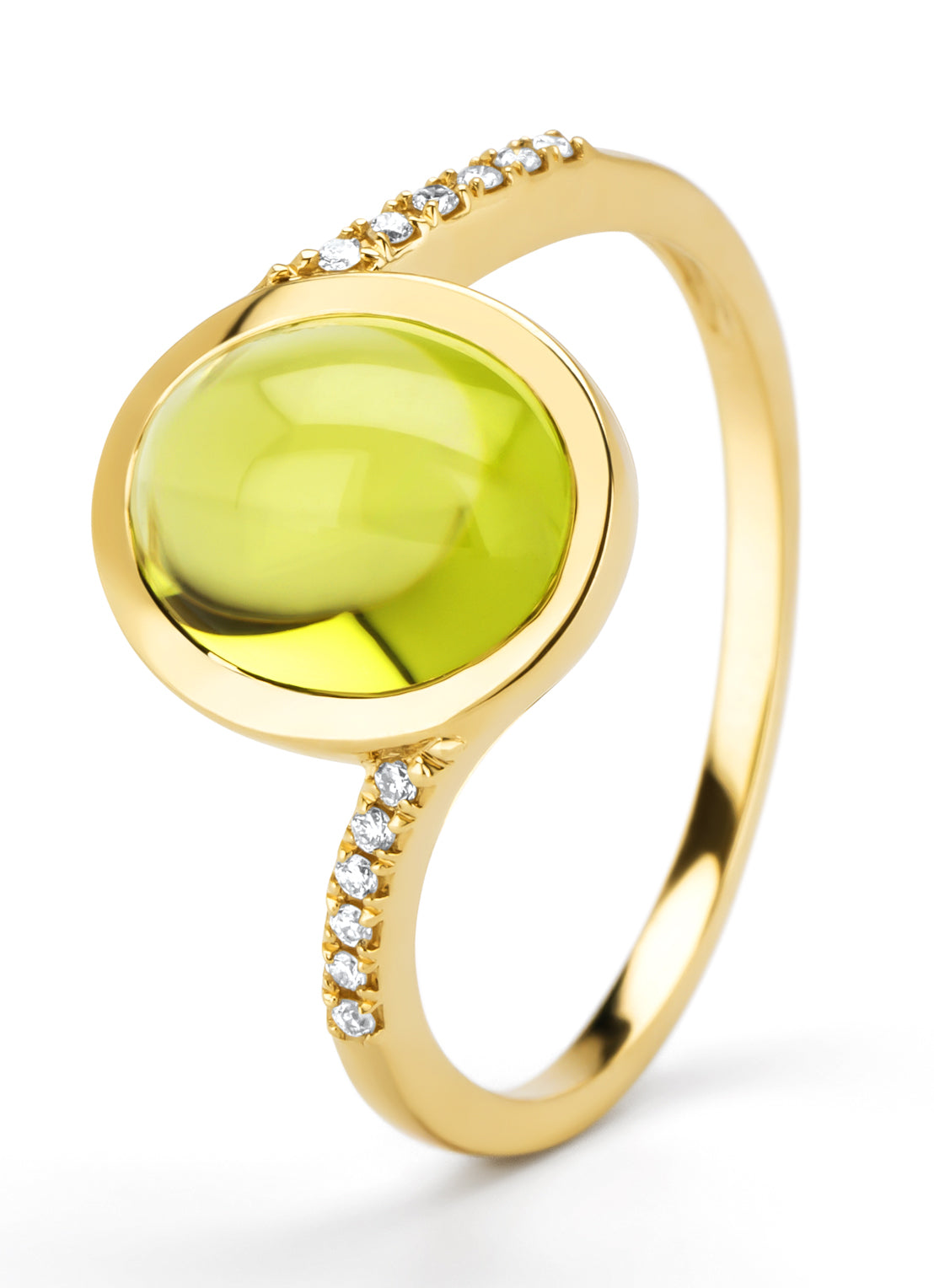 Geelgouden ring, 2.70 ct peridoot, Little Drops