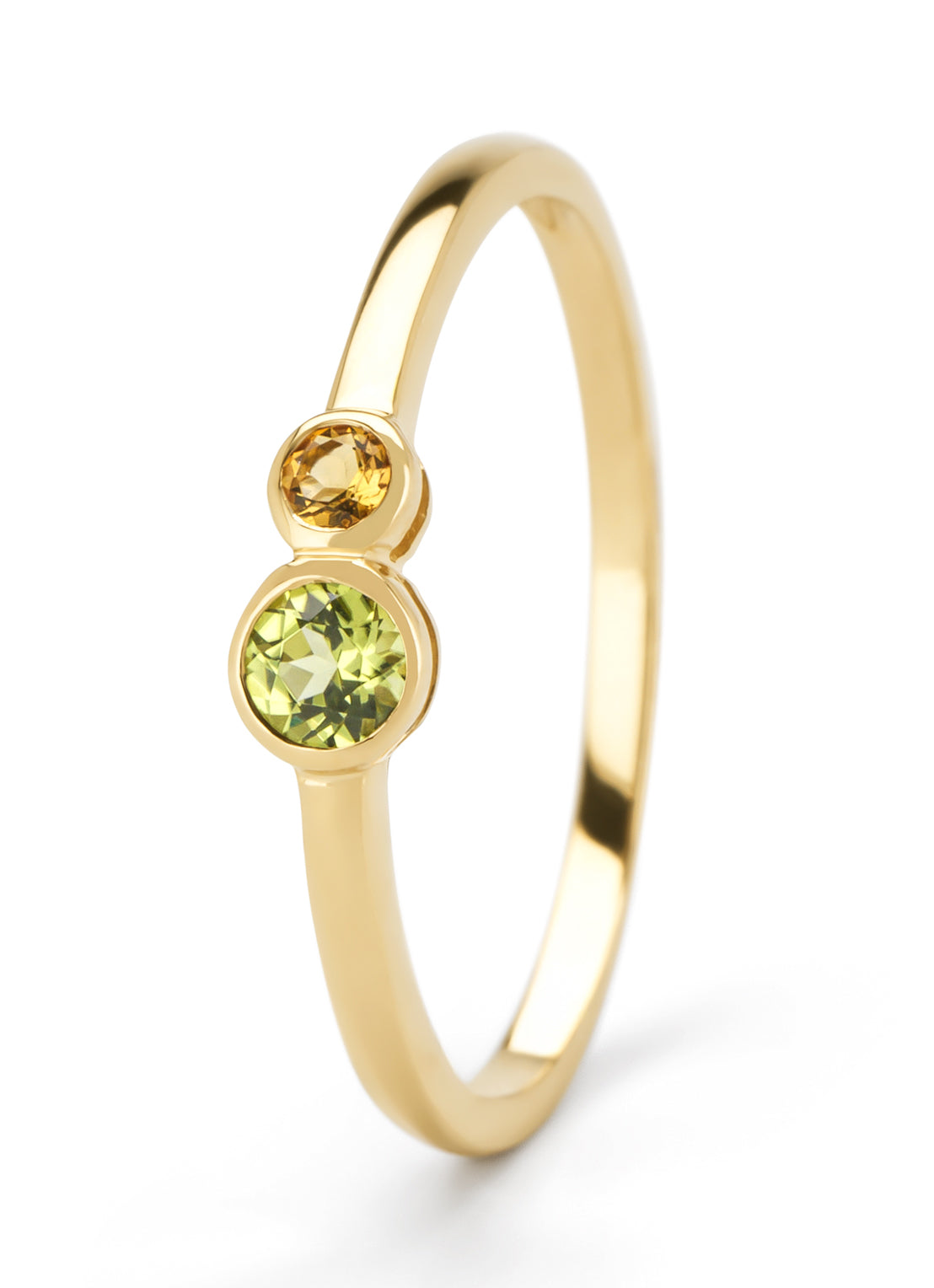 Yellow gold ring, 0.12 ct peridot, Little Drops
