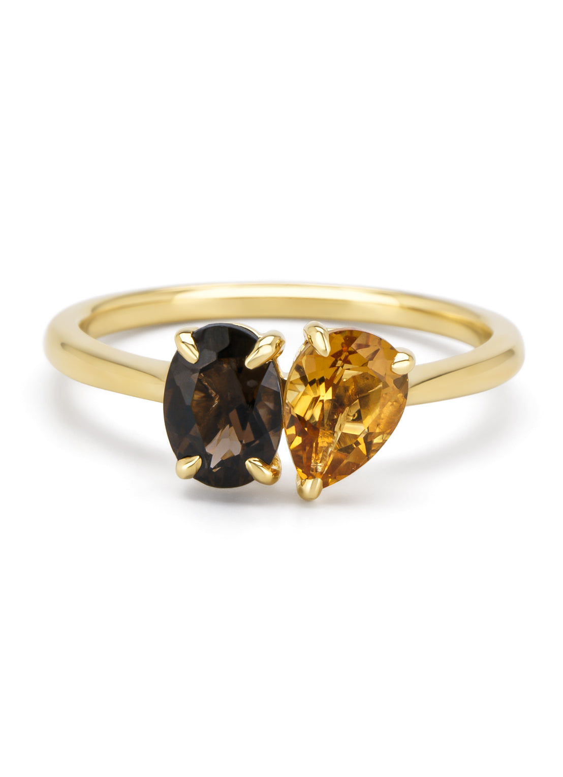 Geelgouden ring, 0.66 ct rookkwarts, Toi et Moi