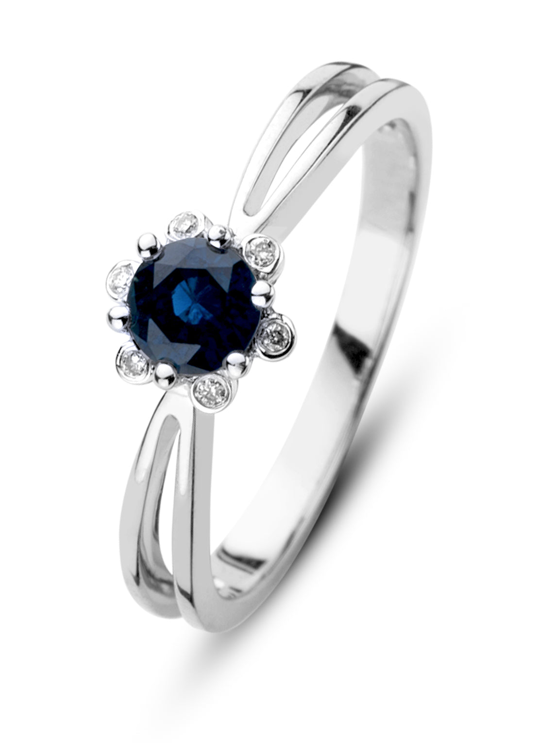Witgouden ring, 0.50 ct blauwe saffier, Empress
