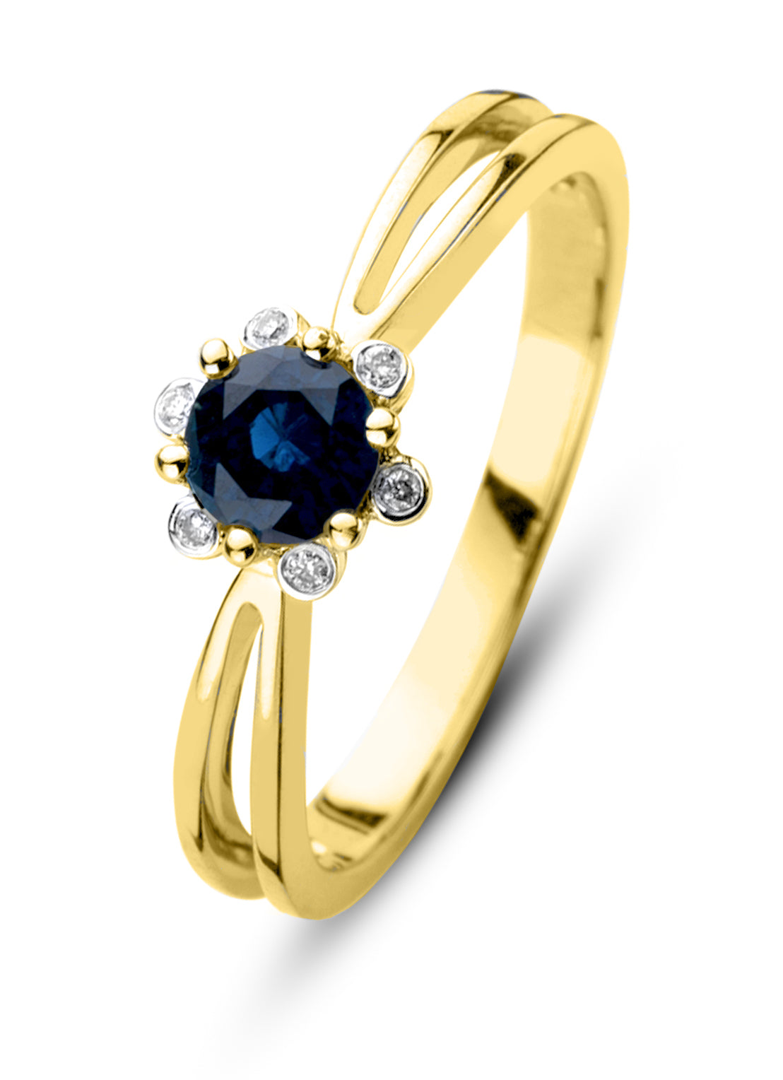 Yellow gold ring, 0.50 ct blue sapphire, empress